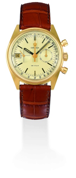 DE VILLE CHRONO DATE Omega, De Ville, No. 29141709, case No. 146017, Ref. MD 146.017. Sold on.January 13, 1970..Fine and rare, water-resistant, gold-plated stainless steel gentleman`s wristwatch.with round button chronograph, 30-minute register, tachomete