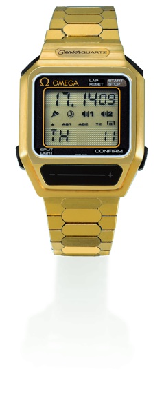 SENSOR Omega, Sensor, Quartz, Ref. MD 386.0811/186.0011. Made circa 1980..Fine and unusual, water-resistant, gold-plated stainless steel gentleman`s wristwatch.with chronograph, day, date, alarm, agenda and second time zone, as well.as an integrated gold-