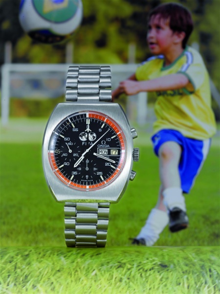 FIFA PROTOTYPE Omega, FIFA, No. 4064794, Ref. ST 11003-2. Made in 1979..Fine and exceptionally rare, cushion-shaped, stainless steel soccer referee`s.wristwatch with round button chronograph, central minute recorder, 12-hour register.day and date, and a s