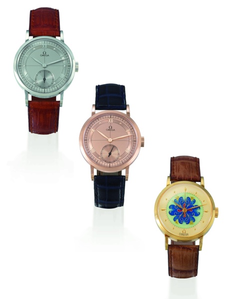 HUNDREDTH ANNIVERSARY LIMITED EDITION.SET NO. 70 Omega, 1894, Set No. 70 of 100 sets, made in 1994 to mark the hundredth anniversary.of Omega. Sold on September 30, 1994..The Set Comprises two watches with Perpendicular line dials and one with cloisonn_ f