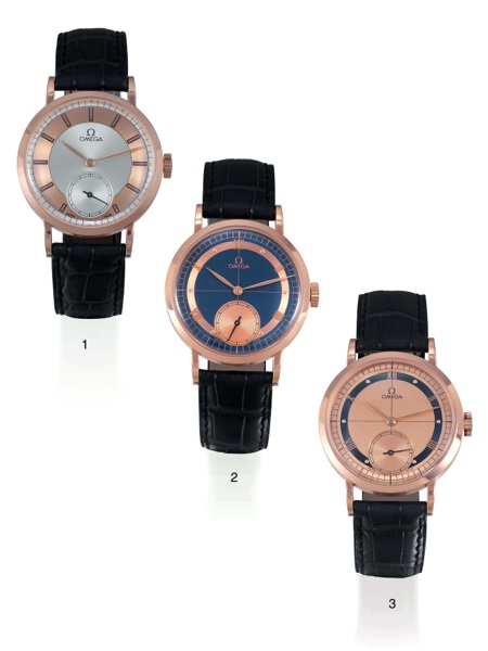 1894, JAPAN SET Three fine and rare 18K pink gold gentleman`s wristwatches, each made in a limited.edition in 1994 for the Japanese market to commemorate the hundredth anniversary.of Omega. This lot is sold with boxes, Certificates of Authenticity, and 2-