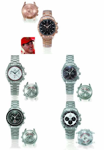MICHAEL SCHUMACHER.SPEEDMASTER SET Very fine and rare set of four stainless steel and one 18K pink gold gentleman`s.wristwatches with chronograph, each commemorating a milestone in Michael.Schumacher