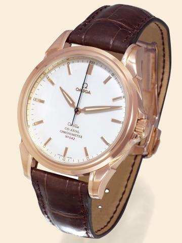 Omega, DeVille.Co-Axial Chronometer, No. 042, Ref. 46583032. Made in.2003..Very fine, oversized, center seconds, self-winding, water-resistant.18K pink gold gentleman's wristwatch with an 18K pink gold Omega.deployant clasp. Accompanied by a fitted box, a