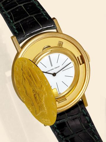 Yellow Gold Twenty Dollars 1898.Audemars Piguet, Twenty Dollars 1898, No. 386303, case No. D 47267. Made in the 1990s..Very fine, 18K yellow gold wristwatch set in a U.S. 20 Dollar coin dated 1898. Accompanied by a fitted box.and the Certificate of Origin