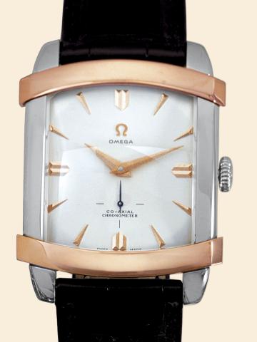 1952 - Tonneau Renvers_.Omega Museum Collection, No. 0057/1952, Ref. BM 167.2005. Collector`s Series Number Six from the.Museum Collection. Made in 2005..Fine and rare, self-winding, water-resistant, 18K pink and white gold gentleman`s chronometer wristwa