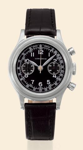 Staybrite Chronograph.Longines, movement No. 6210683, serial.No.21514. Made circa 1945..Very fine and rare, stainless steel Staybrite.gentleman`s wristwatch with round button chronograph.registers and tachometer.