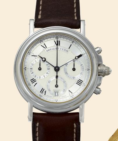 Platinum No.1.Breguet, Horloger de la Marine, No. 1, Ref. 1128. Made in 1992..Very fine, self-winding, water-resistant, platinum gentleman's wristwatch with round button chronograph.registers, date and a platinum Breguet bukle.