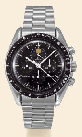 So-Called Speedymoon.Omega, Speedmaster Professional.No. 44124044, Ref. ST 345.0809. Made in 1985..Fine and rare, asymmetric, astronomic, water-resistant.stainless steel gentleman