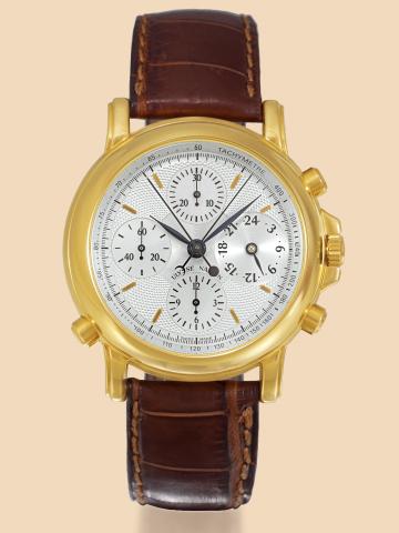 Chronosplit Berlin.Ulysse Nardin, Le Locle, Suisse, Chronosplit.Berlin 1907, No. 20/50, Ref. No. 586-22. Made.in the 1990s..Very fine, large, self-winding, water-resistant, 18K yellow.gold gentleman's wristwatch with 24 hour indication round.button split-