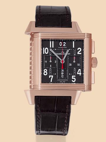 Pink Gold Reverso Squadra Chronograph.GMT.Jaeger LeCoultre, Reverso Squadra Chronographe.1000 Hours Control, No. 14/30, Ref. 230.2.45. Made.in a limited series of 30 pieces in 2007..Very fine and rare, large, rectangular and reversible, 18K pink.gold, sel