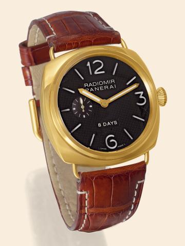 Yellow Gold Radiomir 8 Days Ref. OP 6614.Officine Panerai, Firenze 1860, Radiomir 8 Days, No. G143/200.Ref. OP 6614. Made in a limited edition of 200 examples in 2004..Very fine and rare, large, cushion-shaped, water-resistant, 18K yelow gold diver's.wris