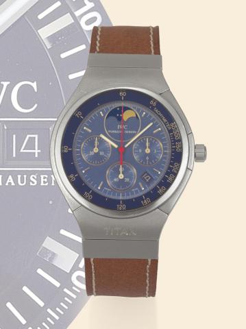 Porsche Design Titan.International Watch Co., Schaffhausen, Porsche Design, case No. 2411581, Ref. 3748. Made in the 1990s..Fine, astronomic, water-resistant, titanium gentleman's quartz wristwatch with date, phases of the moon.square-button chronograph, 