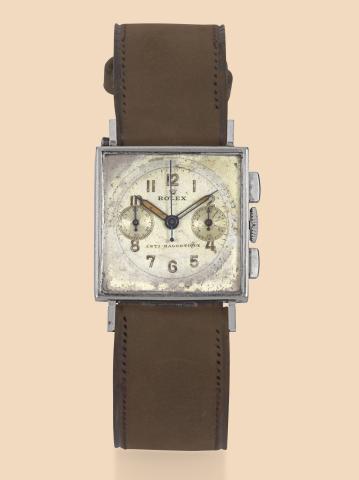 Ref. 3529 Square Antimagnetic.Rolex, Antimagnetic, case No. 041566.Ref. 3529. Made in the 1930s..Very fine and extremely rare, square, stainless steel gentleman's.wristwatch with square button chronograph and register.
