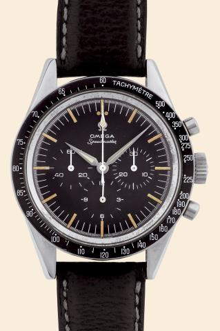 Speedmaster, Pre-Moon Alpha.Omega, No. 19584902, Ref. ST 105.002-62..Made in 1966..Fine and rare, water-resistant, stainless steel wristwatch.with round button chronograph, registers.