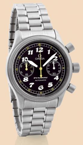 Dynamic Chronograph.Omega, Dynamic Chronograph, Automatic.Ref. 5240. Made in the 1990s..Fine, self-winding, water-resistant, stainless steel wristwatch.with round-button chronograph, register and a stainless steel.Omega link bracelet. Accompanied by a fit