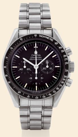 Speedmaster Professional - Apollo XI.Omega, Speedmaster Professional - Apollo XI.Ref. 3572. Made in the 1990s..Fine and rare, water-resistant, stainless steel wristwatch with.round-button chronograph, registers and a stainless steel.Omega link bracelet. A