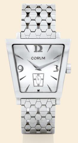 Trapeze.Corum, Trapeze, Ref. 106.404.20. Made circa.2004..Fine, stylized, curved, water-resistant, stainless steel quartz.wristwatch with an integrated, stainless steel Corum link.bracelet with double deployant clasp. Accompanied by a.fitted box, certific