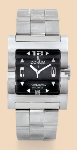Severus.Corum, Severus, Automatic, No. 870/1000.Ref. 082.800.20. Made in a limited edition of.1000 pieces circa 2004..Fine, rectangular curved, center seconds, self-winding.water-resistant, stainless steel wristwatch with date and an.integrated, stainless