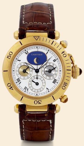 Pasha - Three-Time-Zone.Cartier, Pasha Quartz -Three-Time-Zone, Ref. 0326. Made circa 1991..Fine and rare, three-time-zone, center-seconds, water-resistant, 18K yellow gold quartz wristwatch with.moon phases, date and an 18K yellow gold Cartier deployant 