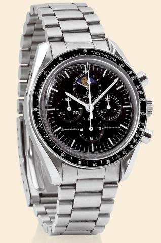 Speedmaster Professional -.Moon Phases.Omega, Speedmaster Professional - Moon.Phases, Ref. 145.0809. Made in 1985..Fine, water-resistant, stainless steel wristwatch with roundbutton.chronograph, registers, tachometer, date, moon.phases and a stainless ste