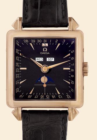 Cosmic.Omega, The Omega Museum Collection - Cosmic.- Collector's Series Number Two, No. 1114/1951.Ref. BG 156.2001. Made in the late 1990s..Very fine, square, 18K pink gold wristwatch with triple date, moon.phases and an 18K pink gold Omega buckle. Accomp