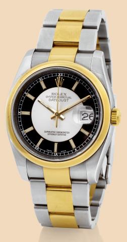 Steel and Gold Datejust.Rolex Oyster Perpetual, Datejust, Superlative.Chronometer Officially Certified.Ref. 116203. Made in 2005..Fine, tonneau-shaped, center seconds, self-winding, waterresistant.stainless steel and 18K yellow gold wristwatch with.date a