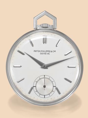 Patek Philippe & Cie..Geneve, No. 891268, case.No. 420480, Ref. 689..Made in 1947, sold on April 6, 1948..Very fine and elegant, thin, keyless.platinum Art Deco dress watch with.white gold and pearl chain. Accompanied.by the Extract from the Archives.