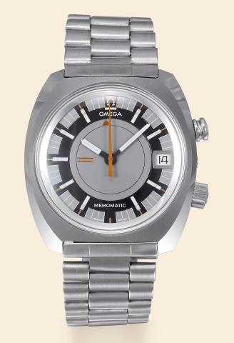 Memomatic Cushion.Omega, Seamaster Memomatic, No. 31333576, Ref. ST 166.0072. Sold in November 5th, 1971..Fine and rare, cushion-shaped, self-winding, center seconds, water-resistant, stainless steel wristwatch with.alarm, date and a stainless steel Omega