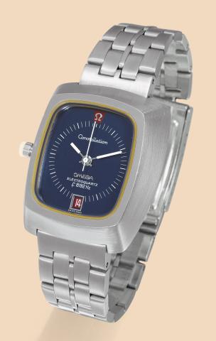 Constellation Electroquartz F 8192 Hz.Omega, Constellation Electroquartz F 8192.Hz, No. 31739198, Ref. 196.005. Made in 1973..Fine, center-seconds, waterproof, asymmetric rectangular.stainless steel electronic wristwatch with date and a stainless.steel Om