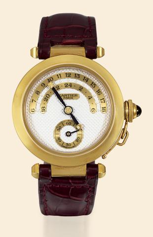 Yellow Gold Pasha Jour et Nuit, Heures Sautantes.Cartier Paris, Pasha Jour et Nuit, No. 15/20, Ref. 2389. Made in a limited series of 20 in 1998..Very fine and rare, self-winding, water-resistant, 18K yellow gold double secteur.wristwatch with 24-hour jum