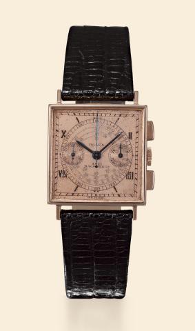 Ref. 3529, Pink Gold Square.Rolex Antimagnetique, Ref. 3529. Case.No. 53458. Made in 1946..Very fine and extremely rare, square, 18K pink gold wristwatch.with square button chronograph, register, tachometer.and an 18K yellow gold Rolex buckle.