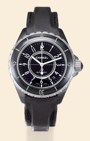 Chanel, J 12, Automatic..case No. YS101703.Ref. HO685. Made circa.2000..Fine, center-seconds, self-winding.water-resistant, tonneau-shaped black.ceramic and stainless steel wristwatch.with a stainless steel Chanel deployant.clasp. Accompanied by a certifi