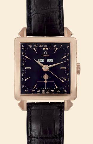 1951 Cosmic.Omega, Cosmic, No. 768/1951, case.No. 57977930, Ref. BG 156.2001. Collector`s.Series Number Two from the Museum Collection. Made.in 2001..Fine and rare, square, self-winding, water-resistant.18K pink gold wristwatch with triple date, moon phas