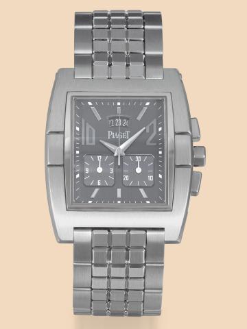 Steel Upstream.Piaget, Upstream.No. 860195, Ref. 27150..Made in the 2000s..Fine, stainless steel, tonneau-shaped.water-resistant, quartz wristwatch with.square-button chronograph, registers.perpetual calendar and a stainless.steel Piaget bracelet with dou
