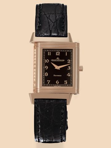 Pink Gold Reverso.65th Anniversary.Jaeger-LeCoultre.Reverso 65th Anniversary, 1931-1996.No. 15/65, Ref. 250.2.86. Made in a.limited edition of 65 pieces in 1996..Fine and rare, rectangular, 18K pink.gold gentleman's reversible wristwatch.with black dial a
