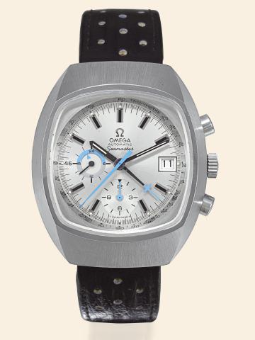 Automatic, Seamaster.Omega, Automatic, Seamaster, Ref. ST 176.005..Made circa 1973..Fine, large, tonneau-shaped, self-winding, water-resistant.stainless steel wristwatch with round-button chronograph.register, 24-hour indication, tachometer and a stainles