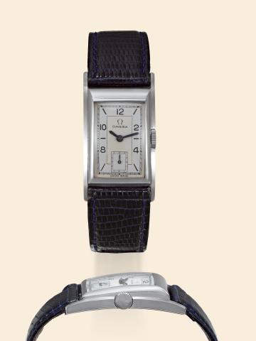 Omega, No. 8369549, case No. 9341291.Ref. CK 3532. Sold on February 8, 1938..Very fine and rare, rectangular, pupitre.Staybrite wristwatch with a stainless steel Omega buckle..Accompanied by a box, Certificate of Authenticity.