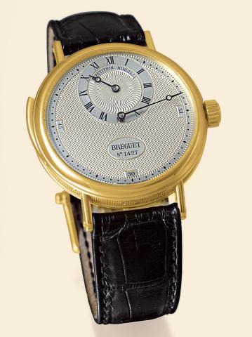 R_p_tition Minutes.Breguet, R_p_tition Minutes, No. 1427, movement No. 3305, Ref. 3187. Made in a limited edition of 6.examples in 1997..Very fine and rare, minute-repeating, 18K yellow gold wristwatch with regulator dial and an 18K yellow gold Breguet bu