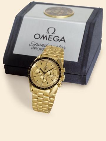 Apollo XI.Omega, Speedmaster Professional, movement No. 44532329, Ref. BA 145.0039. Made in the early 1980s..Fine, water-resistant, 18K yellow gold wristwatch with round-button chronograph, registers, tachometer and.an 18K yellow gold Omega link bracelet 