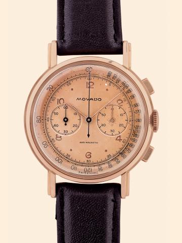 Pink Gold Chronograph.Movado, Chronograph, No. A97679.Ref. 9033. Made in the 1950s..Fine, 18K pink gold wristwatch with square-button.chronograph and register. Accompanied by a box.
