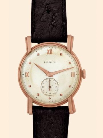 Pink Gold.Longines, No. 7184502. Made in the.1940s..Fine and rare, 18K pink gold wristwatch.