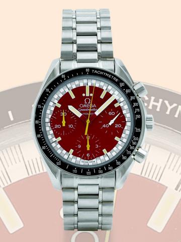 Speedmaster Automatic.Omega, Speedmaster Automatic, Ref. ST 175.0032.1. Made in 1996..Fine, self-winding, water-resistant, stainless steel wristwatch with round button chronograph, registers and a.stainless steel Omega bracelet with deployant clasp. Accom
