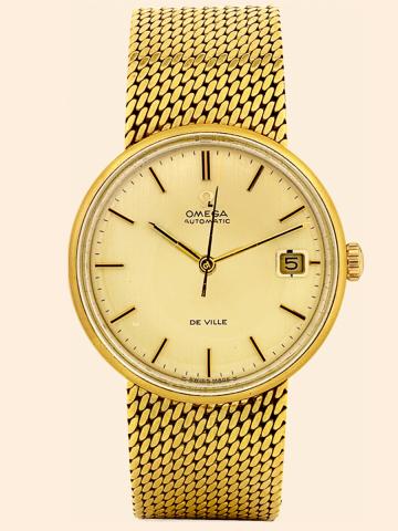 De Ville.Omega, De Ville, Automatic, Ref. LL6609-1. Made circa 1965..Fine, center seconds, self-winding, yellow gold wristwatch with date and an integral 18K yellow gold.mesh bracelet.