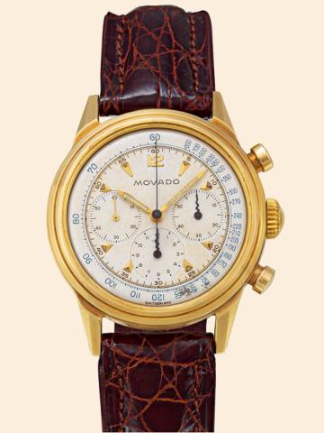 Pink Gold Chronograph.Movado, Switzerland, case No. 49038, Ref..22. Made in the 1950s..Fine and rare, water-resistant, 14K pink gold wristwatch.round button chronograph, registers and tachometer.