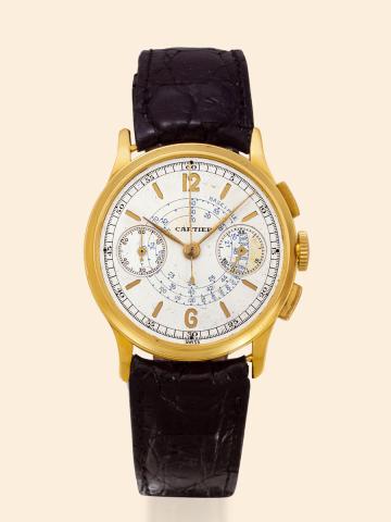 Yellow Gold Chronograph.Cartier, Chronograph, case No. 578271, Ref. No 8378. Made in the 1950s..Very fine and rare 18K yellow gold wristwatch with square button chronograph, register.and tachometer.