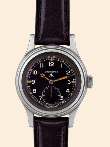 Greenlander.Longines, No. F5003.No. 23088, Ref. 1279..Made for the British Military circa.1940..Fine, water-resistant, stainless steel military.wristwatch with Ministry of Defence.broad arrow marks.