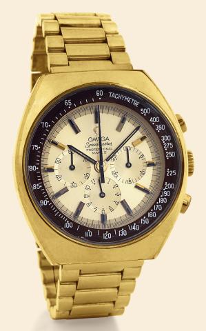 Omega, Speedmaster Professional Mark.II, Ref. 145.0034. Made in the 1970s..Fine and rare, water-resistant, gold-plated.stainless steel wristwatch with round button chronograph.registers, tachometer and a gold-plated stainless steel Omega.link bracelet wit