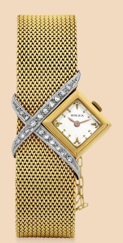 Rolex, Ref. 4810. Made in the 1970s..Fine and rare asymmetrical 18K yellow gold.lady's wristwatch with an integral woven 18K.yellow gold Rolex bracelet..To be sold without reserve