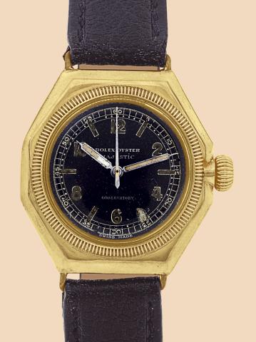 Oyster Majestic - Observatory.Rolex, Oyster Majestic - Observatory.Ref. 679. Made in the late 1920s..Fine and rare, octagonal, center seconds, water-resistant, 9K.yellow gold wristwatch.