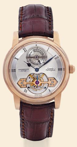 Tourbillon No. 12.Girard-Perregaux, La-Chaux-de-Fonds, Tourbillon With One Gold Bridge and Power Reserve, No. 12.Ref. 9920. Made in the 1990s..Extremely fine and rare, 18K pink gold wristwatch with visible one-minute tourbillon regulator under one 18K pin